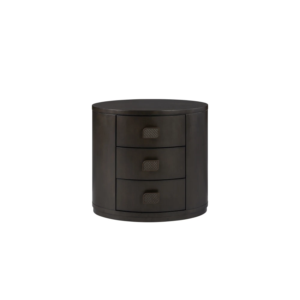 H3624c8d128414785959f8fdbbe17ec0bs.webp Modern oval nightstand with 3 drawers in dark wood finish – compact bedside storage unit