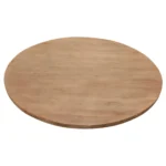 Rustic round dining table with natural acacia wood top and black iron pedestal base in a farmhouse dining room