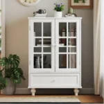 Modern Minimalist White Wooden Sideboard Cabinet with Double Glass Doors Drawer for Living Room Dining Room Hallway Entryway FCJ