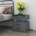 Modern nightstand with adjustable LED strip light and two drawers in glossy grey finish for bedroom storage and bedside organization