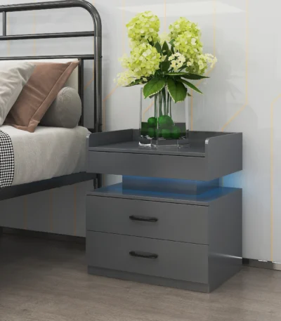 Modern nightstand with adjustable LED strip light and two drawers in glossy grey finish for bedroom storage and bedside organization