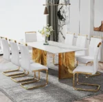 Modern square stone dining table with white marble glass top and gold metal legs in a contemporary dining room