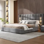 Goldoma California king upholstered bed frame with USB ports and wall sconces in gray velvet