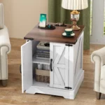 Farmhouse end table with charging station - rustic wood nightstand 19.6 inches wide, white and walnut finish with built-in outlet and USB ports