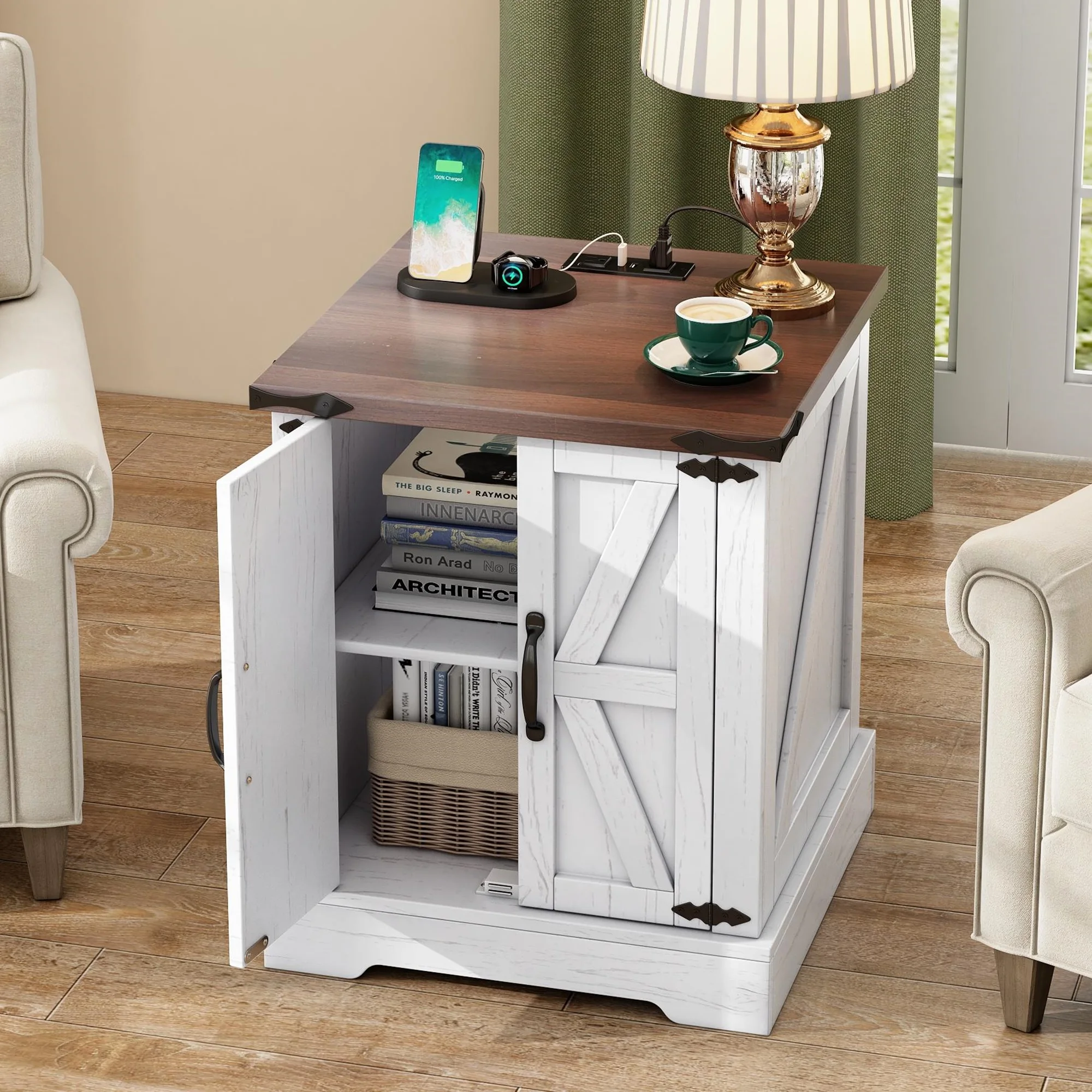 Rustic end table with USB charging station and farmhouse wood finish