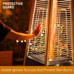 Pyramid stainless steel patio heater with infrared glass tube glowing in outdoor setting