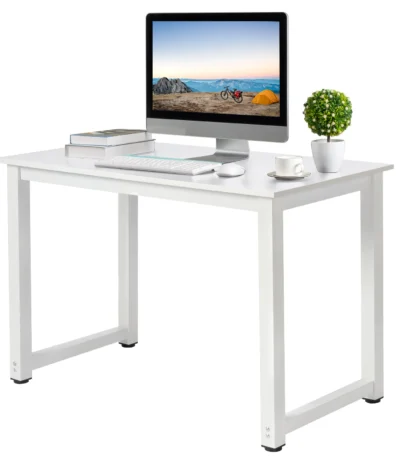White Desktop + White Pipe Frame P2 Particleboard with Triamine Steel Feet 110cm Computer Desk