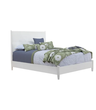 White carved solid wood California king bed frame with geometric design from Goldoma