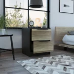 Wenge and pine nightstand – modern 2-drawer bedside storage cabinet in a bedroom setting
