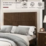 Goldoma modern queen platform bed with tall upholstered headboard in chenille fabric, solid rubberwood construction