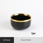 Gilt Rim Black Porcelain Dinner Plates Kitchen Dishes Ceramics Tableware Food Tray Rice Salad Noodles Bowl Cutlery Set