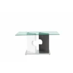 36-inch clear and gray glass dining table with double pedestal base and stainless steel accents