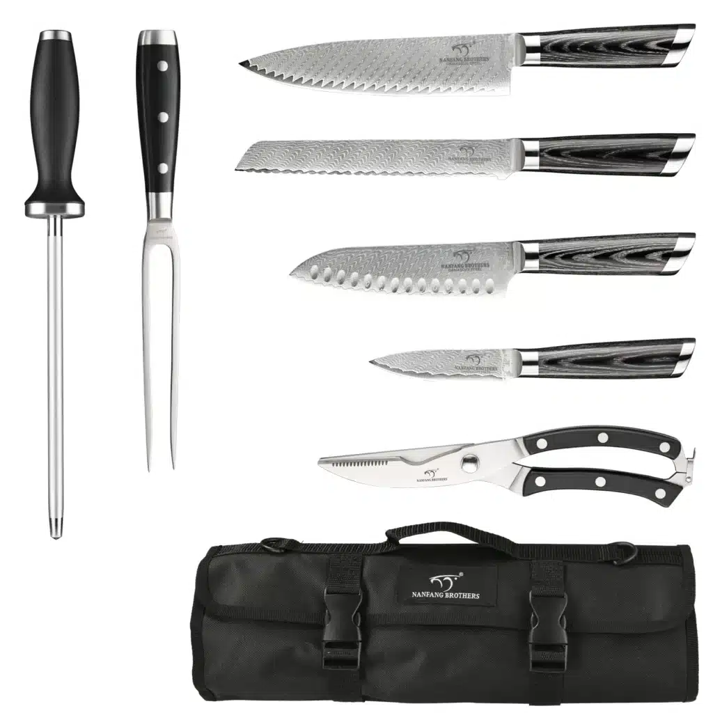 8 Pieces Damascus Steel High Carbon Kitchen Knives Chef Knife Set with Oxford Cloth Bag and Pakkawood Handle