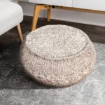 Goldoma 20-inch beige cotton round geometric pouf ottoman with storage