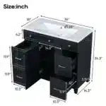 Angled view of the 36-inch black bathroom vanity with a single sink, shaker door, and three drawers, paired with a