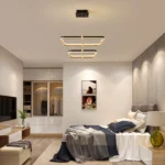 Modern Black 2-Ring LED Chandelier, Dimmable Rectangular Pendant Light for Dining Room, Kitchen Island, Living Room, Hallway