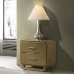Modern 2-drawer nightstand in nutmeg wood finish with two drawers and stainless steel handles