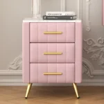 Modern upholstered nightstand with 3 drawers and metal legs in bedroom setting