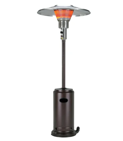 Bronze steel propane patio heater standing on a patio with cylindrical pole design