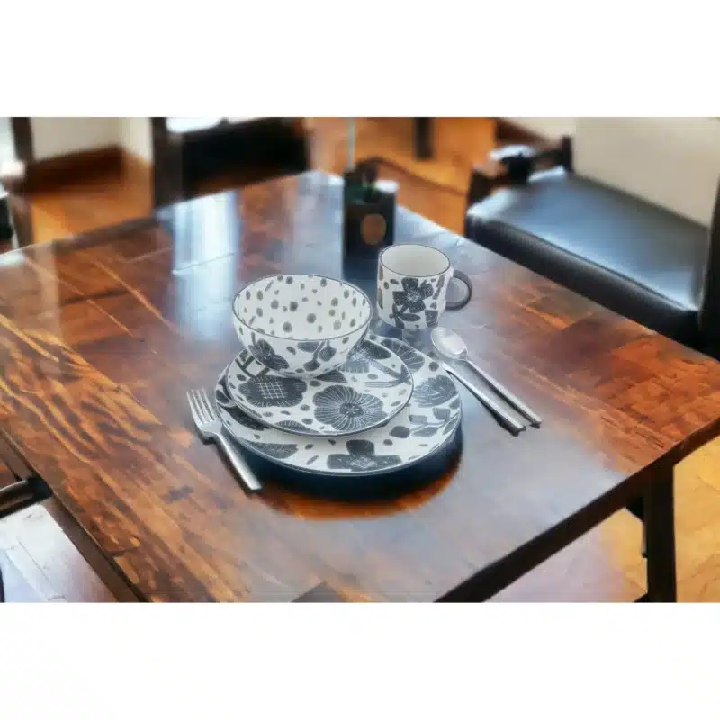 HMS Luxury Round Floral Ceramic Dinnerware Set Sixteen Piece Stoneware Service for Four-Gray and Ivory – side view