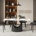 Modern marble texture dining table with sintered stone top and black metal base – Goldoma rectangular dining table