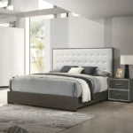 Cream white adjustable full size panel bed with button tufted headboard and diamond crystal frame in modern bedroom setting