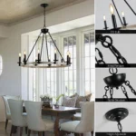 US Stock Free Shipping 31.5'' Black Iron and Wood Farmhouse 10-Light Chandelier Pendant Light for Living Room Porch – styled