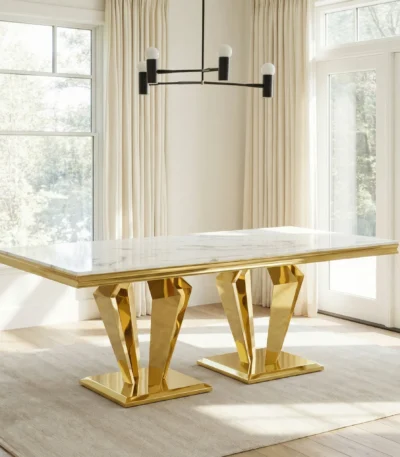 Modern marble dining table for 6 with polished stainless steel diamond base - 66.9 inch rectangular dining table
