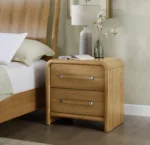 Modern wooden nightstand with two drawers featuring solid wood veneer and plywood frame, perfect for bedroom storage