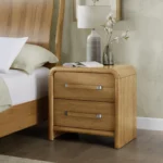 Modern wooden nightstand with two drawers featuring solid wood veneer and plywood frame, perfect for bedroom storage