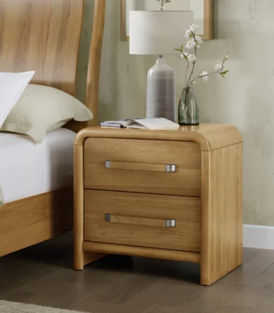Modern wooden nightstand with two drawers featuring solid wood veneer and plywood frame, perfect for bedroom storage