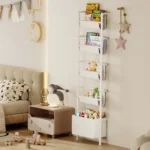 Wall Mounted Kids Bookshelf with Storage Bins 5-Tier Front Facing Ladder Book Ledge White Floating Shelf Space Saving