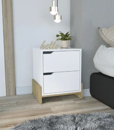 Luss nightstand with two drawers in white gloss finish - minimalist bedside table for bedroom storage