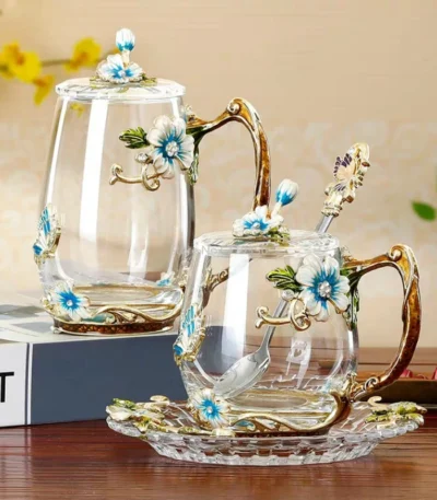 Beauty Enamel Crystal Glass Cup Flower Tea Mug High-grade Glass Water Cup and Mug with Handgrip Perfect Gift for Lover