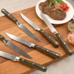 Goldoma 6-piece Damascus steak knife set in bamboo box with ergonomic handles