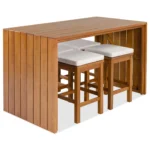5 Piece Modern Eco-Friendly Acacia Wood Outdoor Bar Set with Bar Height Table Four Stools Cushions for Backyard Poolside