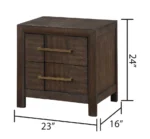 Modern wood nightstand with drawers in a bedroom setting, showcasing two spacious drawers and a warm wood finish
