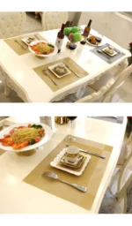 Gold weave placemats on a dining table with plates and cutlery