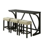Modern brown dining table set with USB ports and three beige biscuit-tufted stools