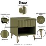 Olive green nightstand with ribbed drawer and open shelf, metal legs, modern design