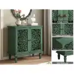 Vintage 2-Door Sideboard with Symmetrical Floral Design Hollow-Carved Mango Wood Accent Cabinet Rustic Style Adjustable