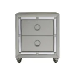 Chloe Gemstone silver mirrored nightstand with ring pulls and two drawers in a bedroom