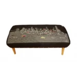 Goldoma gray wool ottoman with brown legs and hidden storage, featuring nailhead trim