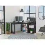 HMS 47" Gray L-Shaped Computer Desk Portable Gaming Office Desk with Shelf Drawer Foldable Feature Made From Wood for Hotels