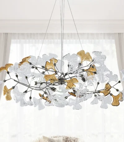 Modern black rectangle chandelier with ginkgo leaves in a dining room
