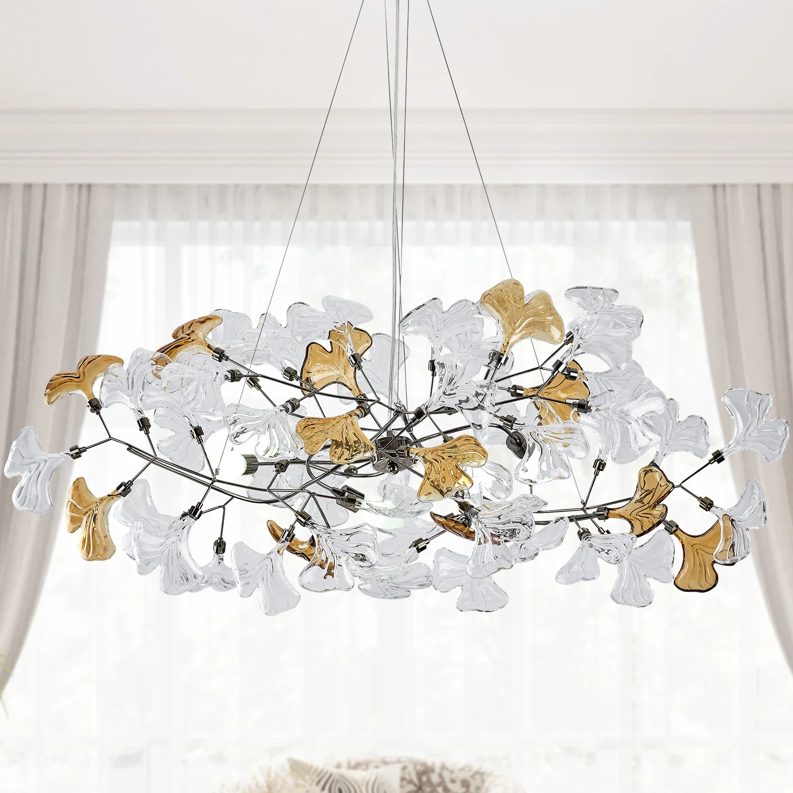 Modern black rectangle chandelier with ginkgo leaves in a dining room