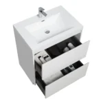 Open doors revealing storage inside the 30-inch modern painted stone basin vanity, with toiletries on shelves.