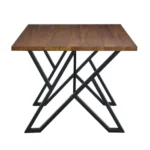 Walnut MDF dining table with black metal legs in an indoor dining room setting