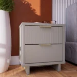 Modern light gray nightstand with two drawers in bedroom setting
