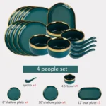 Green With Gold Inlay Quality Plates Full Set Luxury Steak Food Tray Ceramic Dinner Dish Salad Bowl Spoon Porcelain
